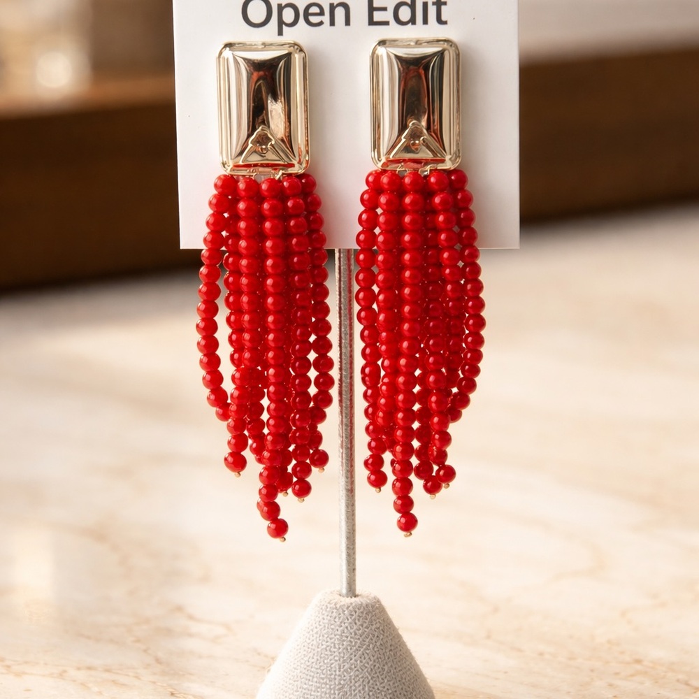 Red Beaded Tassel Earrings
